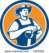 Vector Clip Art of Retro Male Farmer Resting an Arm on a Shovel in a Blue and Orange Circle by Patrimonio