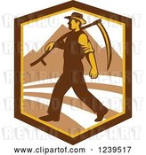 Vector Clip Art of Retro Male Farmer Walking with a Scythe in a Shield with Mountains by Patrimonio