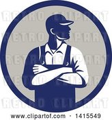 Vector Clip Art of Retro Male Farmer with Folded Arms, Looking to the Side in a Blue and Gray Circle by Patrimonio