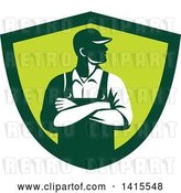 Vector Clip Art of Retro Male Farmer with Folded Arms, Looking to the Side in a Green Shield by Patrimonio
