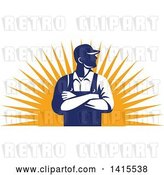 Vector Clip Art of Retro Male Farmer with Folded Arms, Looking to the Side over a Sun Burst by Patrimonio