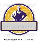 Vector Clip Art of Retro Male Farmer with Hands on His Hips in an Orange Sunny Circle by Patrimonio