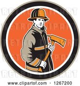 Vector Clip Art of Retro Male Firefighter Holding an Axe in a Brown Black White and Orange Circle by Patrimonio
