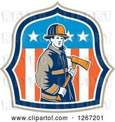 Vector Clip Art of Retro Male Firefighter Holding an Axe in an American Flag Shield by Patrimonio