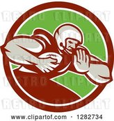 Vector Clip Art of Retro Male Football Player with a Ball in a Maroon White and Green Circle by Patrimonio