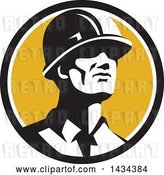 Vector Clip Art of Retro Male Foreman or Builder Wearing a Hardhat and Looking Forward in a Black White and Yellow Circle by Patrimonio