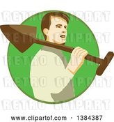 Vector Clip Art of Retro Male Gardener Holding a Shovel over His Shoulder in a Green Circle by Patrimonio