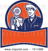 Vector Clip Art of Retro Male Gas Station Attendant Holding a Nozzle over a Banner by Patrimonio