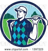 Vector Clip Art of Retro Male Golfer Stretching with a Club over His Shoulders, in a Blue White and Green Circle by Patrimonio