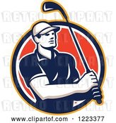 Vector Clip Art of Retro Male Golfer Swinging a Club in a Red Circle by Patrimonio