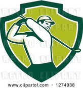 Vector Clip Art of Retro Male Golfer Swinging in a Green and White Shield by Patrimonio