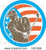 Vector Clip Art of Retro Male Golfer Swinging in an American Flag Circle by Patrimonio