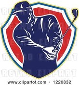 Vector Clip Art of Retro Male Golfer Teeing off in a Shield by Patrimonio