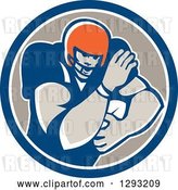 Vector Clip Art of Retro Male Gridiron American Football Player Fending with a Ball in a Blue White and Taupe Circle by Patrimonio
