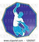 Vector Clip Art of Retro Male Handball Player Jumping and Preparing to Throw the Ball in a Hexagon of Rays by Patrimonio