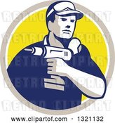 Vector Clip Art of Retro Male Handy Guy Holding a Power Drill in a Tan White and Yellow Circle by Patrimonio