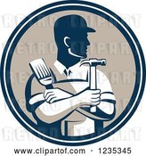 Vector Clip Art of Retro Male Handyman Holding a Paintbrush and Hammer in a Circle by Patrimonio