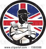 Vector Clip Art of Retro Male Handyman Holding a Paintbrush and Hammer in a Union Jack Flag Circle by Patrimonio