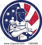 Vector Clip Art of Retro Male Handyman Holding a Paintbrush and Hammer in an American Flag Circle by Patrimonio