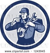 Vector Clip Art of Retro Male Handyman or Mechanic with Tools in a Circle by Patrimonio