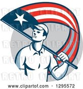 Vector Clip Art of Retro Male Handyman Walking with an American Themed Flag over His Shoulder, in a Gray Circle by Patrimonio