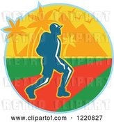 Vector Clip Art of Retro Male Hiker with Tropical Palm Trees and Mountains by Patrimonio