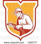 Vector Clip Art of Retro Male Home Insulation Worker Holding a Hose in a Shield by Patrimonio