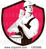 Vector Clip Art of Retro Male House Painter Holding a Brush and Bucket, Looking Back in a Black and Pink Shield by Patrimonio