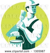 Vector Clip Art of Retro Male House Painter Holding a Brush and Bucket, Looking Back in a Green Circle by Patrimonio