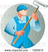 Vector Clip Art of Retro Male House Painter in Blue Overalls, Holding a Roller Brush in a Gradient Circle by Patrimonio