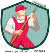 Vector Clip Art of Retro Male House Painter in Red Overalls, Holding a Roller Brush in a Green Shield by Patrimonio