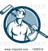 Vector Clip Art of Retro Male House Painter with a Roller Brush over His Shoulder in a Blue and White Circle by Patrimonio