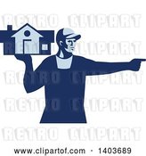 Vector Clip Art of Retro Male House Remover or Mover Holding a Home and Pointing, in Blue Tones by Patrimonio