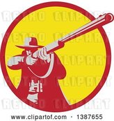 Vector Clip Art of Retro Male Hunter Aiming a Shotgun in a Red and Yellow Circle by Patrimonio