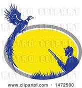 Vector Clip Art of Retro Male Hunter and Pheasant in a Gray White Yellow and Blue Oval Frame by Patrimonio