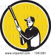 Vector Clip Art of Retro Male Hunter Holding a Shotgun in a Black White and Yellow Circle by Patrimonio