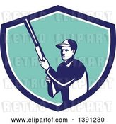 Vector Clip Art of Retro Male Hunter Holding a Shotgun in a Blue White and Turquoise Shield by Patrimonio