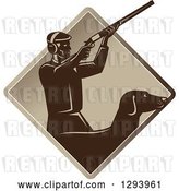 Vector Clip Art of Retro Male Hunter Shooting a Rifle and His Retriever Dog Emerging from a Brown Diamond by Patrimonio