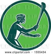 Vector Clip Art of Retro Male Hurling Player Holding a Wooden Hurley Stick in a Green Circle by Patrimonio