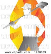Vector Clip Art of Retro Male Janitor Holding a Broom over His Shoulder over Orange Rays by Patrimonio