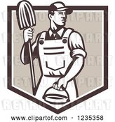 Vector Clip Art of Retro Male Janitor Holding a Mop and Bucket over a Brown Shield by Patrimonio