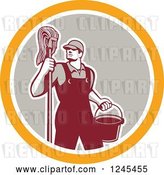 Vector Clip Art of Retro Male Janitor with a Mop and Bucket in a Circle by Patrimonio