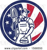 Vector Clip Art of Retro Male Janitor with a Mop and Bucket in an American Flag Circle by Patrimonio