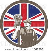 Vector Clip Art of Retro Male Janitor with a Mop in a Union Jack Flag Circle by Patrimonio