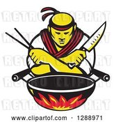 Vector Clip Art of Retro Male Japanese Chef with Crossed Arms, a Knife and Chopsticks over a Wok and Flames by Patrimonio