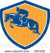 Vector Clip Art of Retro Male Jockey on a Leaping Horse in a Blue White and Yellow Shield by Patrimonio