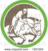 Vector Clip Art of Retro Male Jockey on a Leaping Horse in a Green White and Brown Circle by Patrimonio