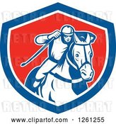 Vector Clip Art of Retro Male Jockey Racing a Horse in a Blue White and Red Shield by Patrimonio