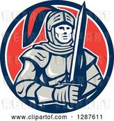 Vector Clip Art of Retro Male Knight in Armor, Holding a Sword in a Blue White and Red Circle by Patrimonio
