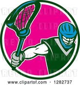 Vector Clip Art of Retro Male Lacrosse Player Holding a Stick in a Green White and Pink Circle by Patrimonio